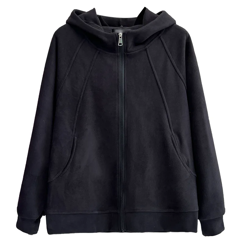 

XL женские толстовки на флисовой подкладке, осенние новые свободные с капюшоном, повседневное пальто на молнии 015