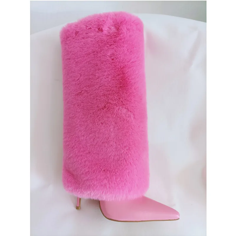 

Design Fox Fur Knee High Pointed Toe Boots Luxury Women Stiletto High Heel Warm Boots Winter Sexy 2023 Sexy Leather Shoes Lady