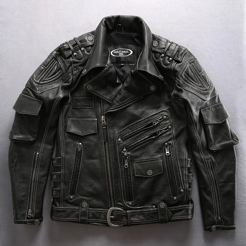 Motorcycle leather men's multi-pocket flip collar slanted zipper belt cowhide