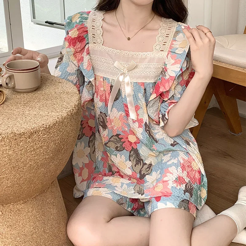 

Women's Pajamas Summer New Bra Pad Floral Print Pajamas Set Lace Cute Kawaii Loungewear Home Wear Sleepwear Thin Nightwear