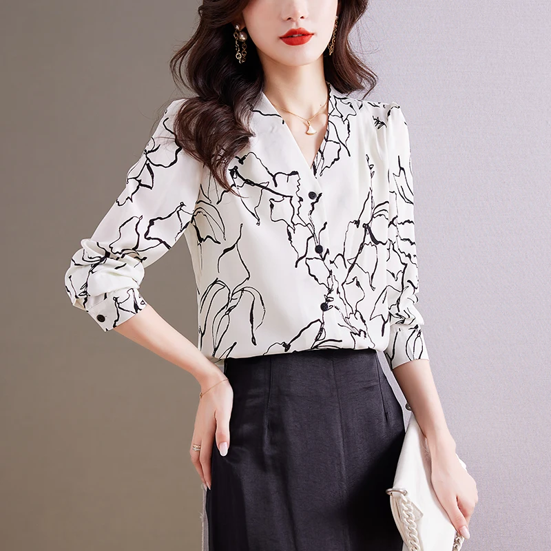 Women Korean Fashion Abstract Graffiti Print Chic Shirts Office Lady Elegant Commute Blouse Casual V Neck Long Sleeve Loose Tops