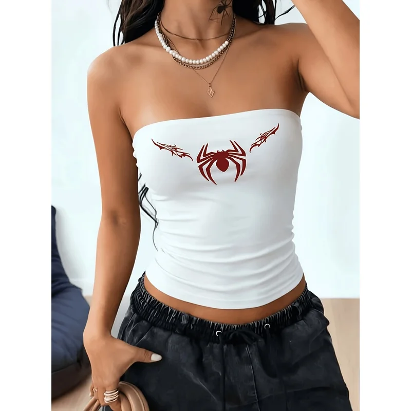 American retro spider print white strapless women's elastic slim-fit tube top Y2K Hot girl's cropped top