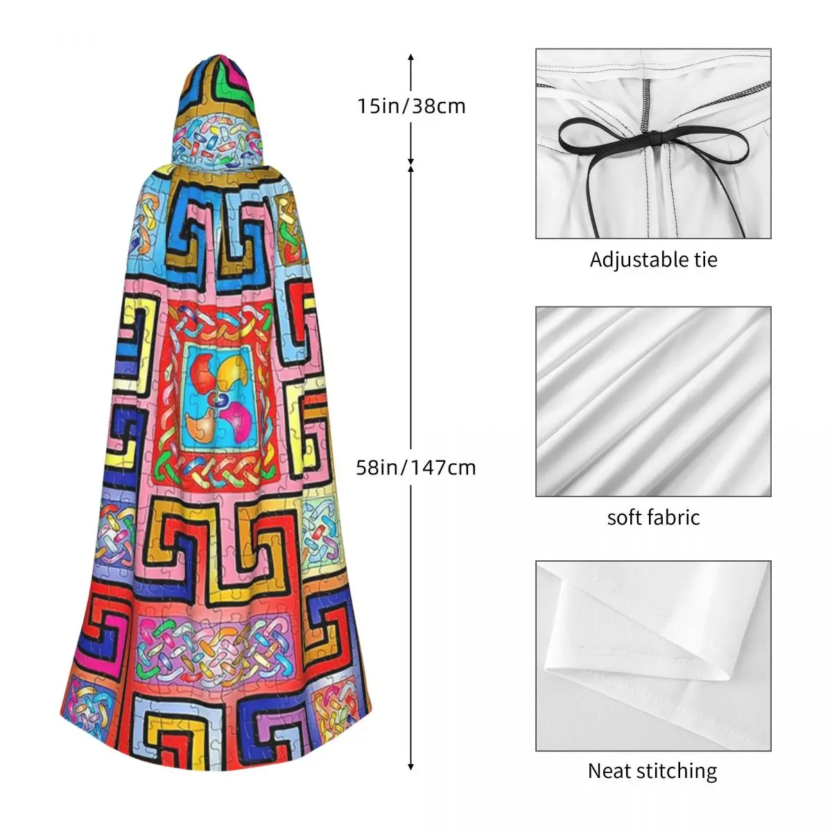 Nó celta multi-colorido padrão quadrado longo com capuz capa bruxa traje medieval cosplay capa halloweencoat adulto unisex