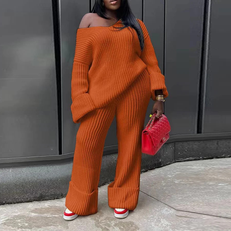 Two Piece Set Women Sweater Loose Top Straight Pants Wide Leg Long Sleeve Knitted Suit Outfits Female Lounge Wear Knittwear 2 Pc