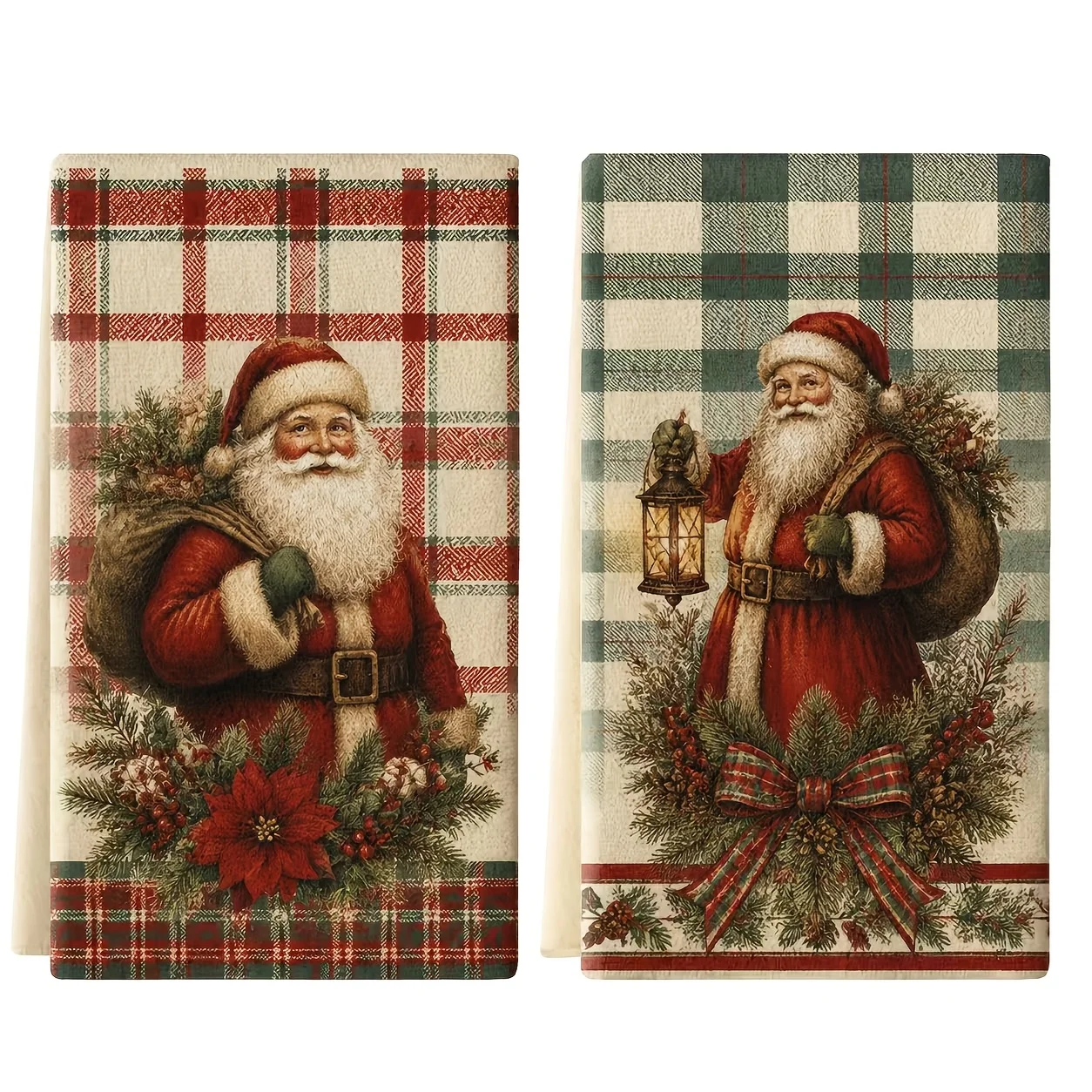 Pack of 2, Vintage Checked Santa Kitchen Towel, White, Multicolor, Dish Towel, Cute Design