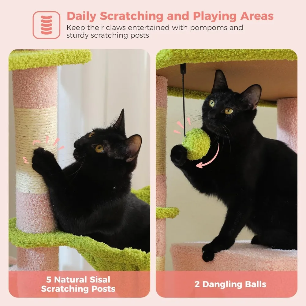 شجرة قطط كبيرة بطول 70 بوصة مع أرجوحة، و5 أعمدة للخدش، و2 كوندوز، وأعلى جثم للقطط الكبيرة - سنت ترفيهي متين