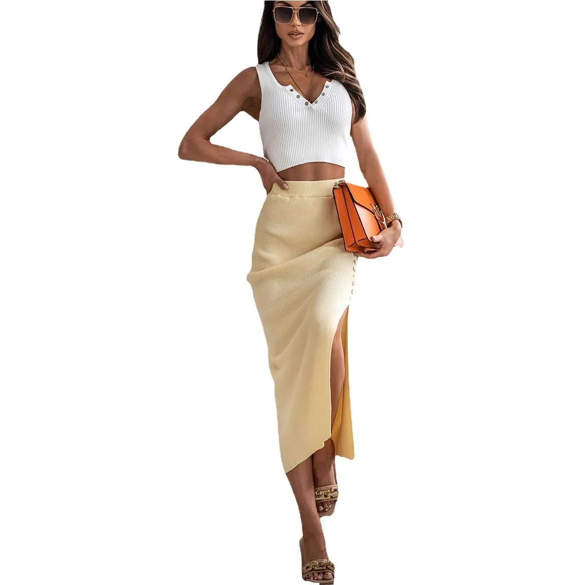 Women's Urban Midi Pencil Skirt for Women – Solid Color Cotton Blend Elegant Asymmetrical Slit Long Pencil Skirt for Woman