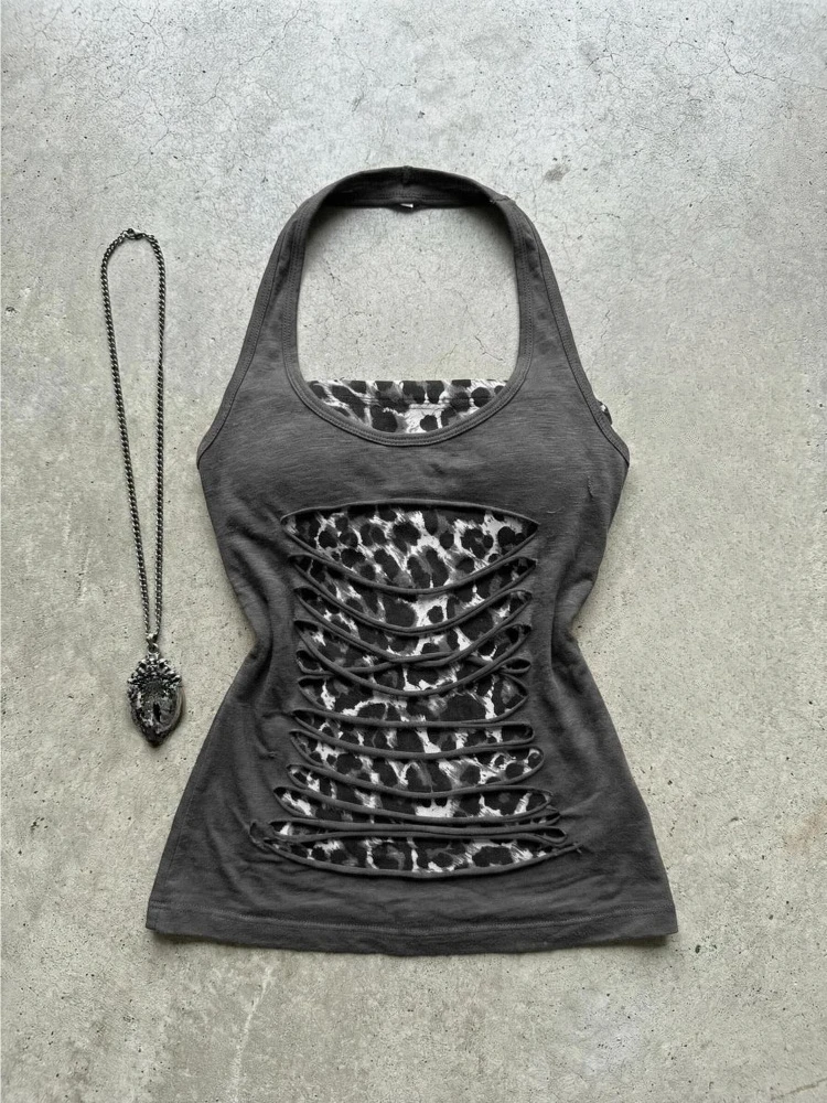 Y2k Aesthetic Halter Leopard Tank Top Fake Two Pieces Women Patchwork Cropped Tanks Harajuku Grunge Vintage Slim Fit Camisole