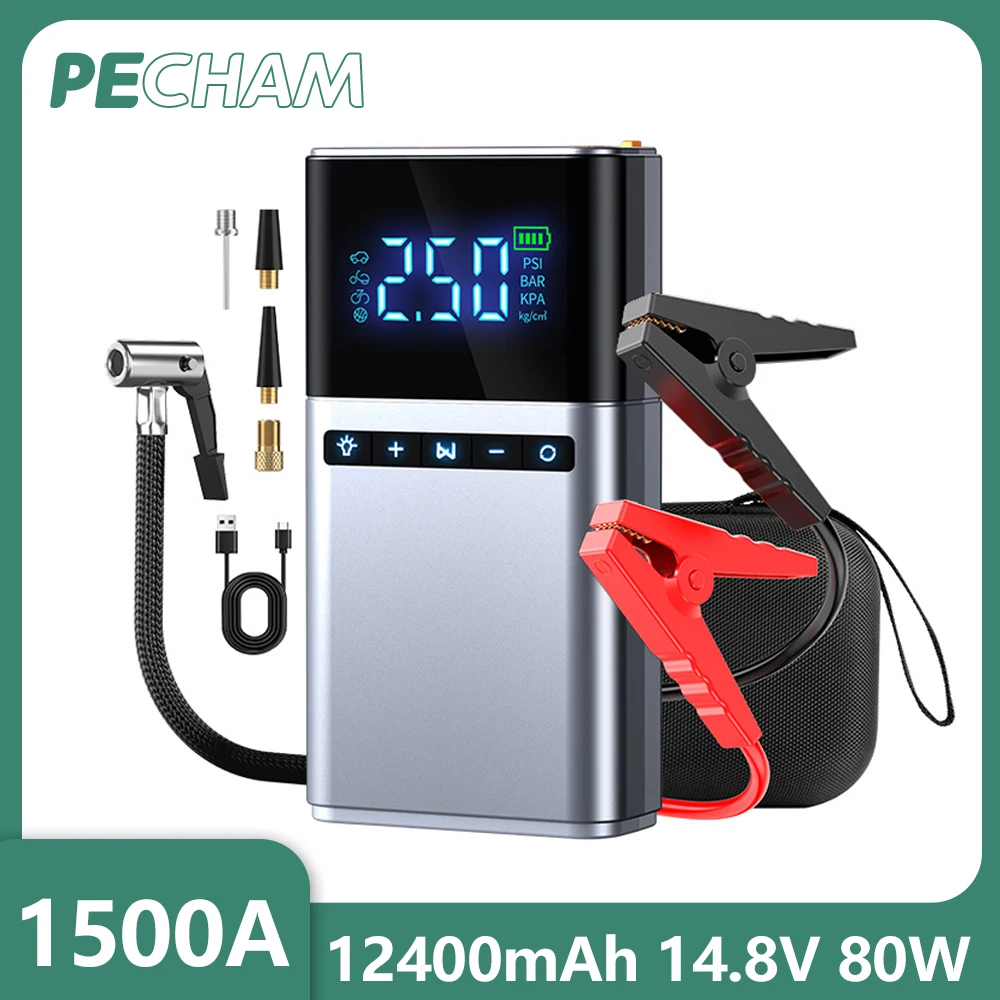 Car Jump Starter With Air Compressor LCD Screen 12000mAh Portable Booster Charger 14V 1500A Powerful Car Battery Starting Devi