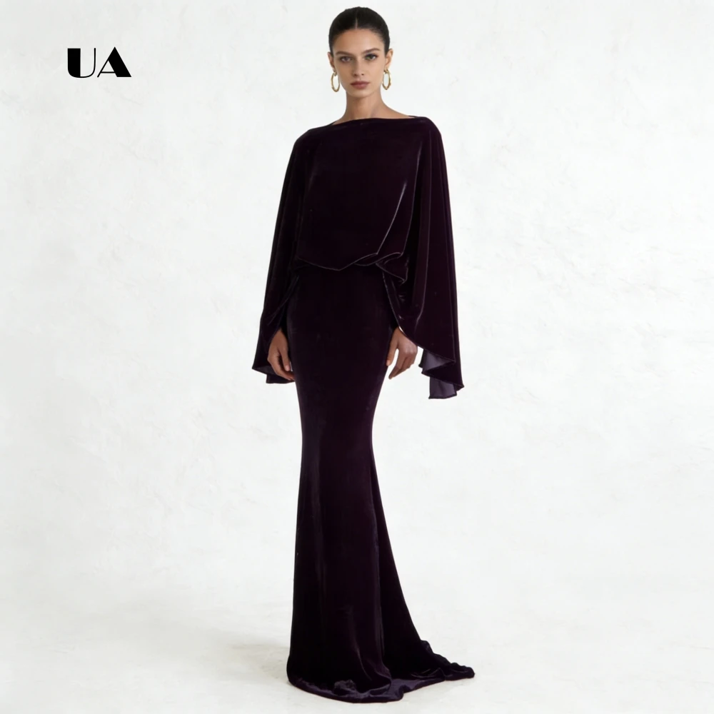 

ULBYANRY Velvet Mermaid Prom Dress with Dramatic Angel Sleeves, Solid Boat Neck Evening Dress, Backless Customized Party Gown