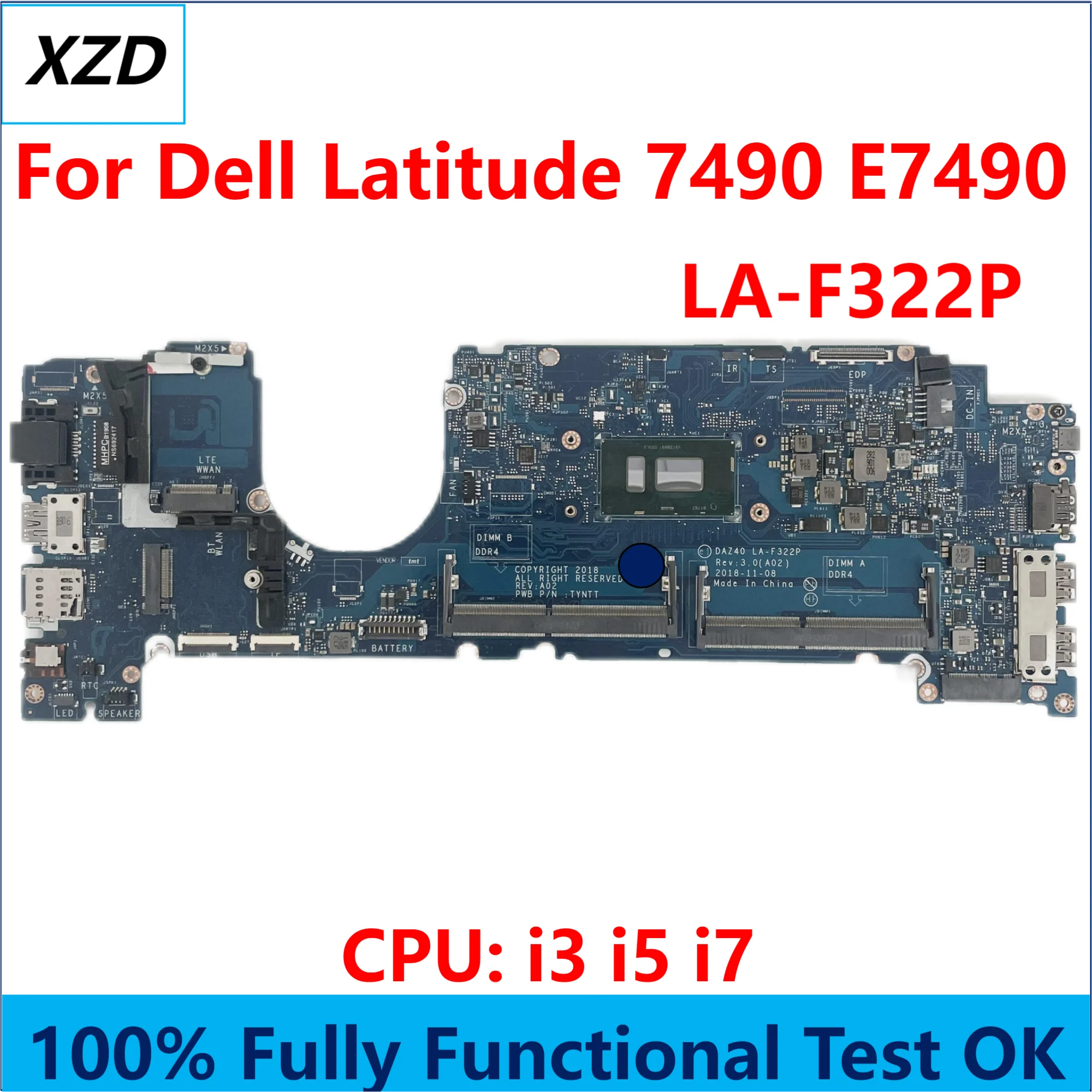 DAZ40 LA-F322P Mainboard For Dell Latitude 7490 E7490 Laptop Motherboard with CPU I3 I5 I7 100% Fully Tested