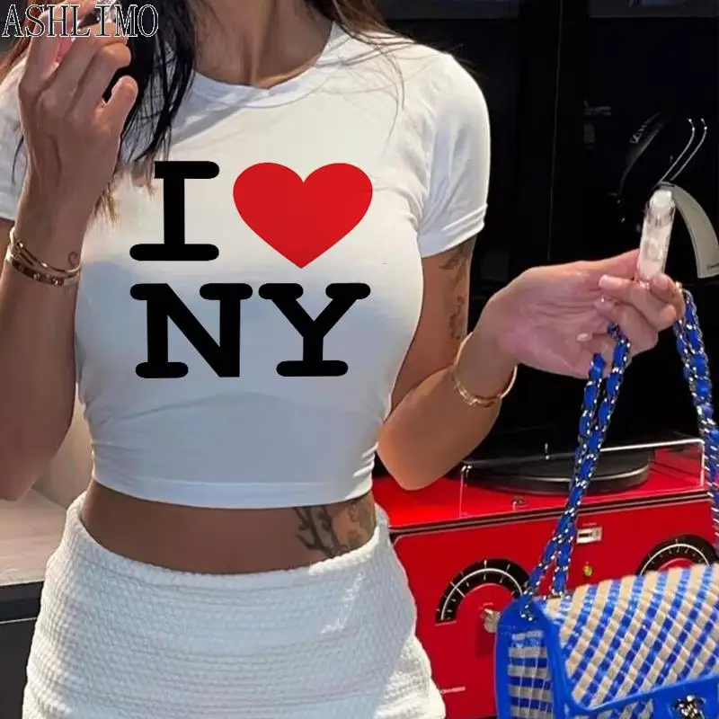 Crop Tops  I love NY  2000s Streetwear Harajuku women T-shirt Short Sleeve Y2K Fashion Letter Print Cute Baby Tees E-girls Slim