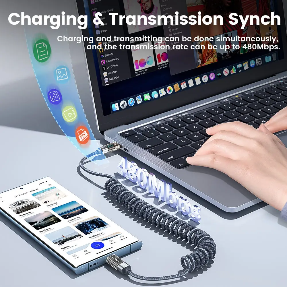 PD100W spring digital display transparent fast charging data cable pull-resistant for type-c Huawei cell phone charging