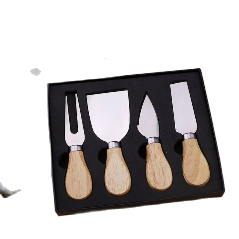 Wooden Handle Cheese Knives Set Cheese Knife Slicer Fork Scoop Cutter Useful Cooking Tools in Black Box (4Pcs)