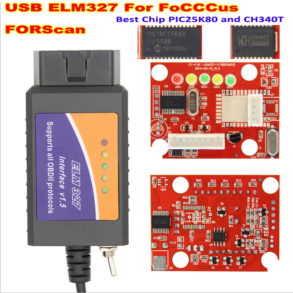 Best ELM 327 V1.5 PIC18F25K80 USB Diagnostic Cable With Switch For FoCCCus FORScan ELM327 OBD2 Car diagnostic tool Scanner