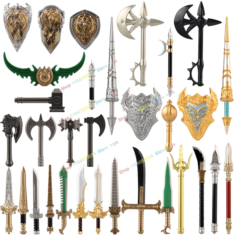 MOC-Porte-outils blocs de construction médiévaux, figurines de chevalier soldat, armes, épée, hache, arc, bouclier, casque, armure, accessoires, jouets