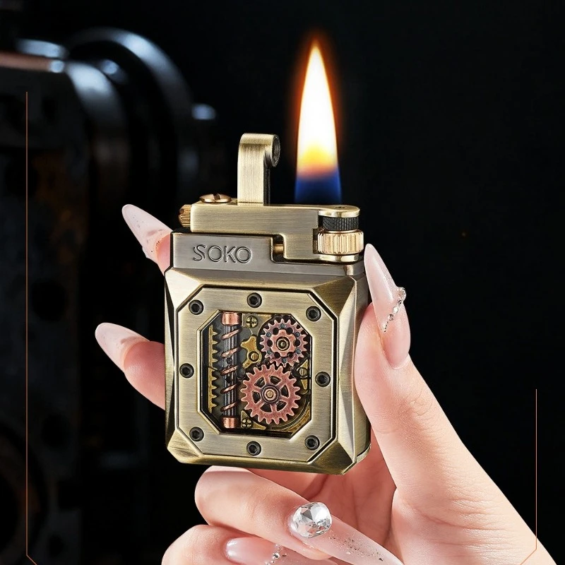 Vintage Steampunk Gear Lighter,Mechanical Side-Slide Ignition with Transparent Fuel Tank,Hollow Engraved Metal Lighter for Men