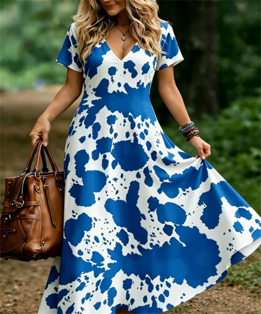 Ladies' summer new irregular splashed ink cow spot print dress, elegant casual long sleeved V-neck short sleeved shirt