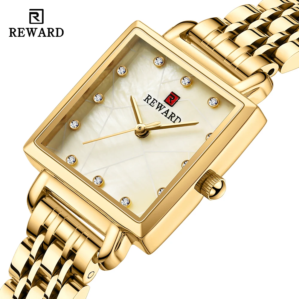 REWARD Womens Watches Fashion Luxury Golden Watch for Women Casual Waterproof Quartz Ladies Stainless Steel Wrist Watch