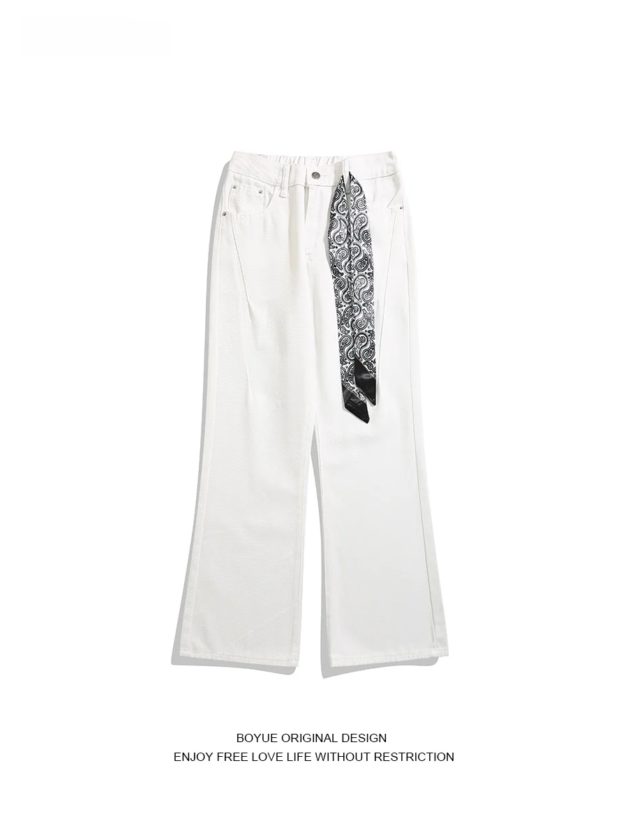 

Boyue American High Street Detachable Silk Scarf Wide Leg Jeans Faionable All-Match Men's Casual Cotton Polyester Blend