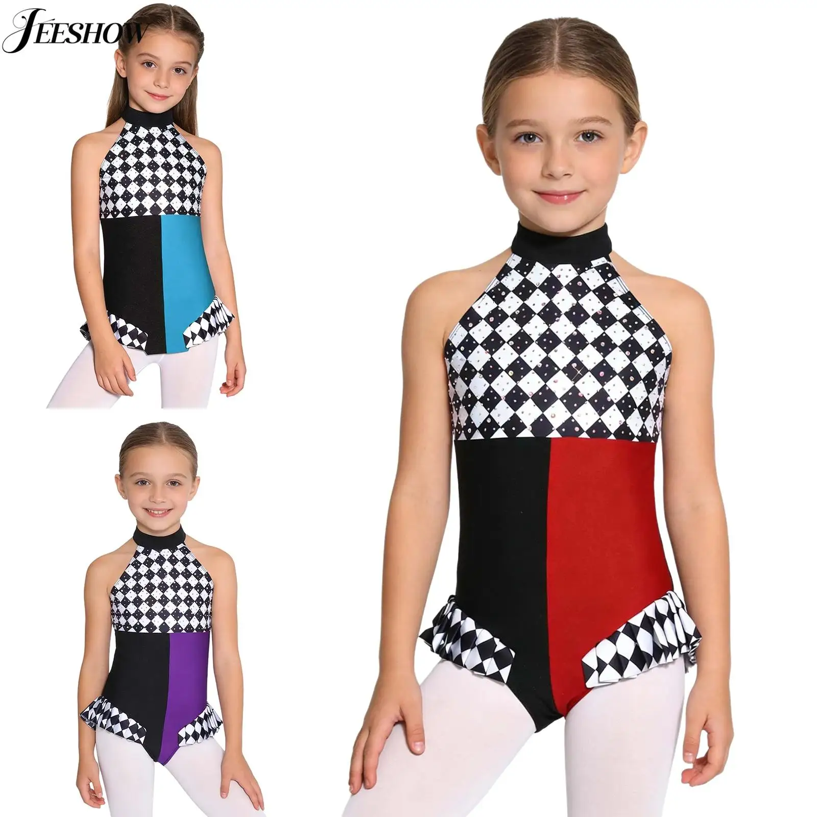 Kids Girl Gymnastics Ballet Dance Leotard Clown Cosplay Costume Color Block Patchwork Ruffled Bodysuit for Stage Performance