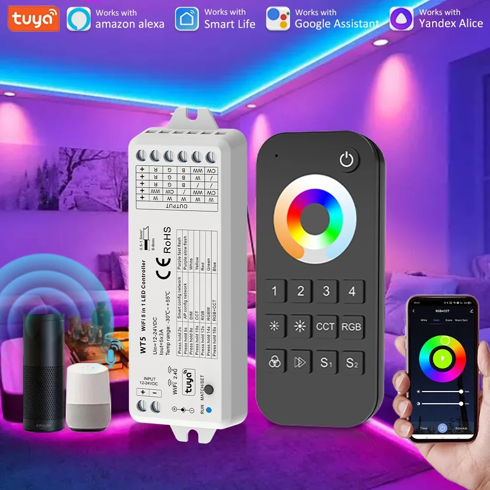

WT5 Tuya Wifi LED Controller 12V 24V 5in1 WW CW Dimmer CCT RGBW RGBCCT Smart Life Controler Work with Alexa Google Assistant