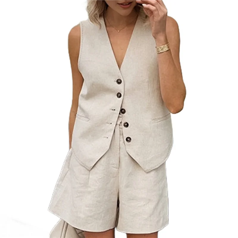 NEU-Sommer-Sets für Damen, zweiteilig, Urlaubs-Outfits, kurzes Set, Button-Down, Business, lässig, elegant, 2-teilige Kleidung, Khaki, S