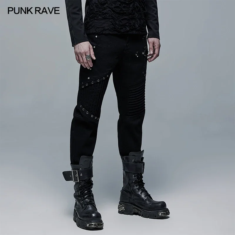 PUNK RAVE Men's Punk Woven Elastic Twill Straight Long Pants Spliced Crack Texture Imitation Leather Personality Casual Trousers