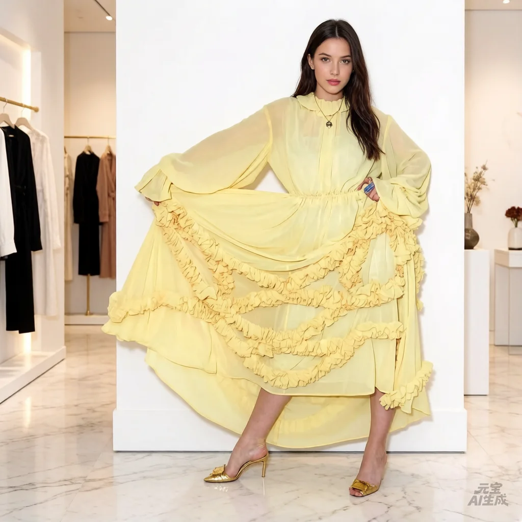 

Pastel Yellow High Neck Bell Sleeve Tiered Ruffle Midi Dress Chiffon Boho Wedding Guest Dress for Wome Flowy Elegant Summer Part