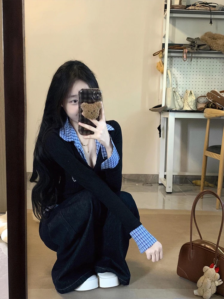 

Korean Plaid Fake Two-Piece Ne Long Sve T-irt Women Spring High-End Slim Unique Personali Inner Wear Top