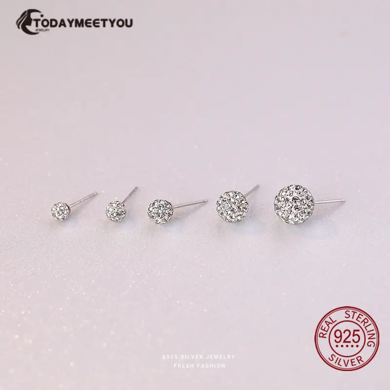 High Quality 925 Sterling Silver Rhinestones Crystal Ball Stud Earring Bead Jewelry 10mm 8mm 6mm Stud Earring For Female Jewelry