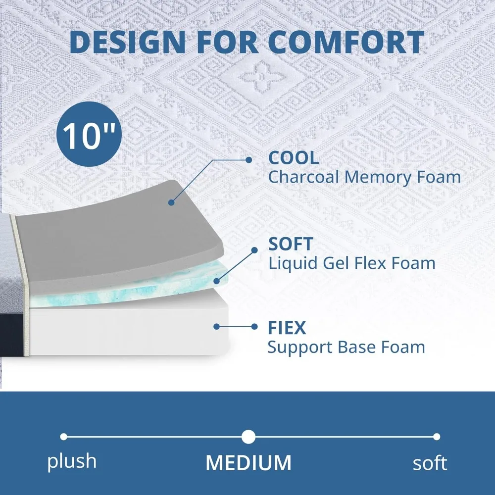 10インチクイーンマットレス、チャコール冷却ジェルメモリーフォームマットレス（箱入り）、グラスファイバー不使用、背中のサポートに適したミディアム硬度マットレス