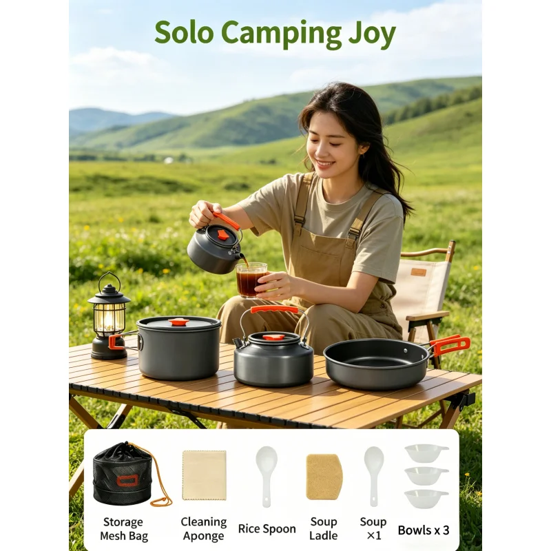 

Camping Cookware Set – Outdoor Cooking Ultralight Aluminum Pot & Kettle, Portable Travel Tableware Set with Storage Bag