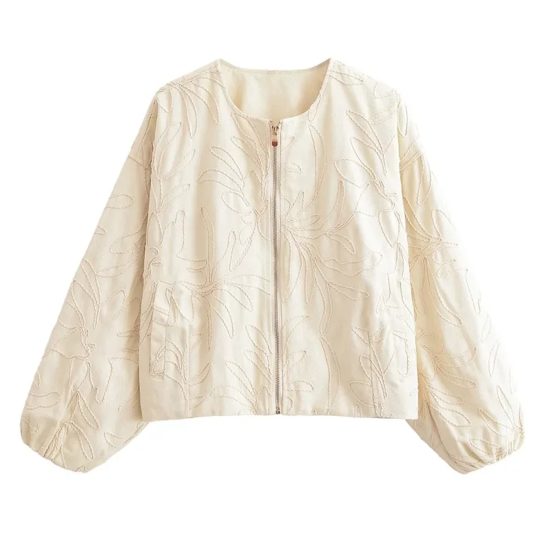 

Casual Embroidery Women's Bomber Jacket Loose Zipper Round Neck Long Sleeve Short Coat Female Spring Fall High Street Outwears