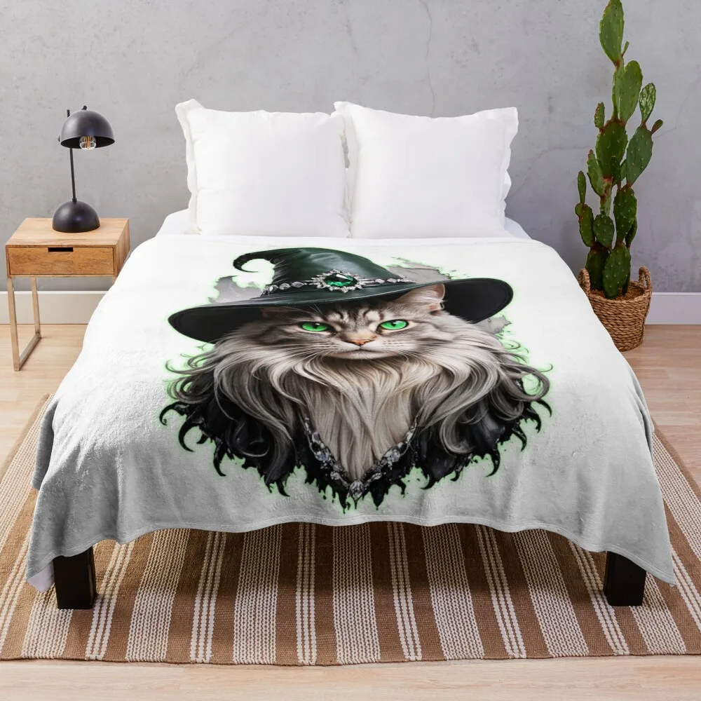 A gray Maine Coon cat with light green eyes wearing a hat with an emerald Throw Blanket wednesday anime Hairys Blankets