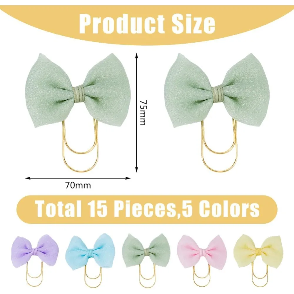 15Pcs 5 Colors Bow Paper Clips Golden Metal Paperclips 2.9x2.7in Planner Clips Soft Cloth Bowknot Bookmarks Dainty