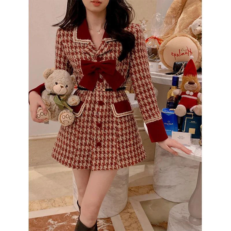 

Vintage Tweed Mini Dress Women Houndstooth Bow A Line Dresses Sweet Korean Elegant Party Red Plaid Patchwork Bodycon Vestidos