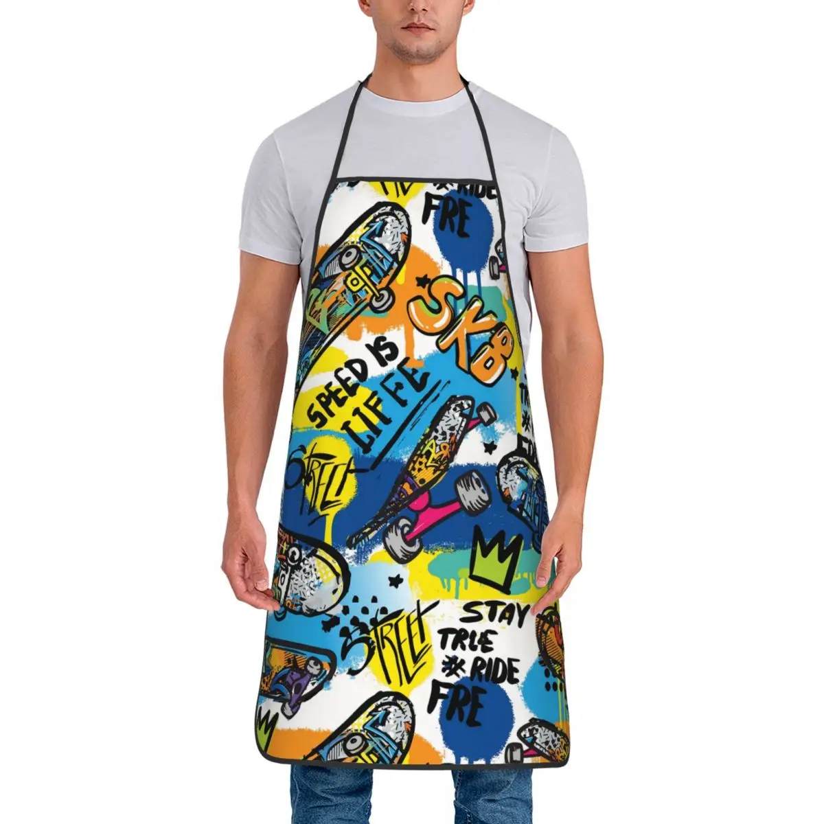 Fashion Skateboard Prints Bib Apron Women Men Chef Tablier Cuisine for Cooking Kitchen Baking Graffiti Art Pattern Painting