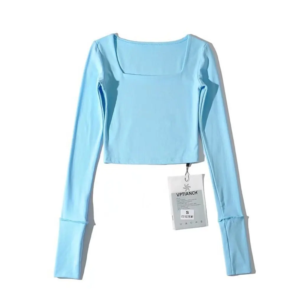 

YPFF Women's Slim Fit Long-Sleeved T-Shirt European American Style Square Collar Solid Color Base Shirt Top for Autumn