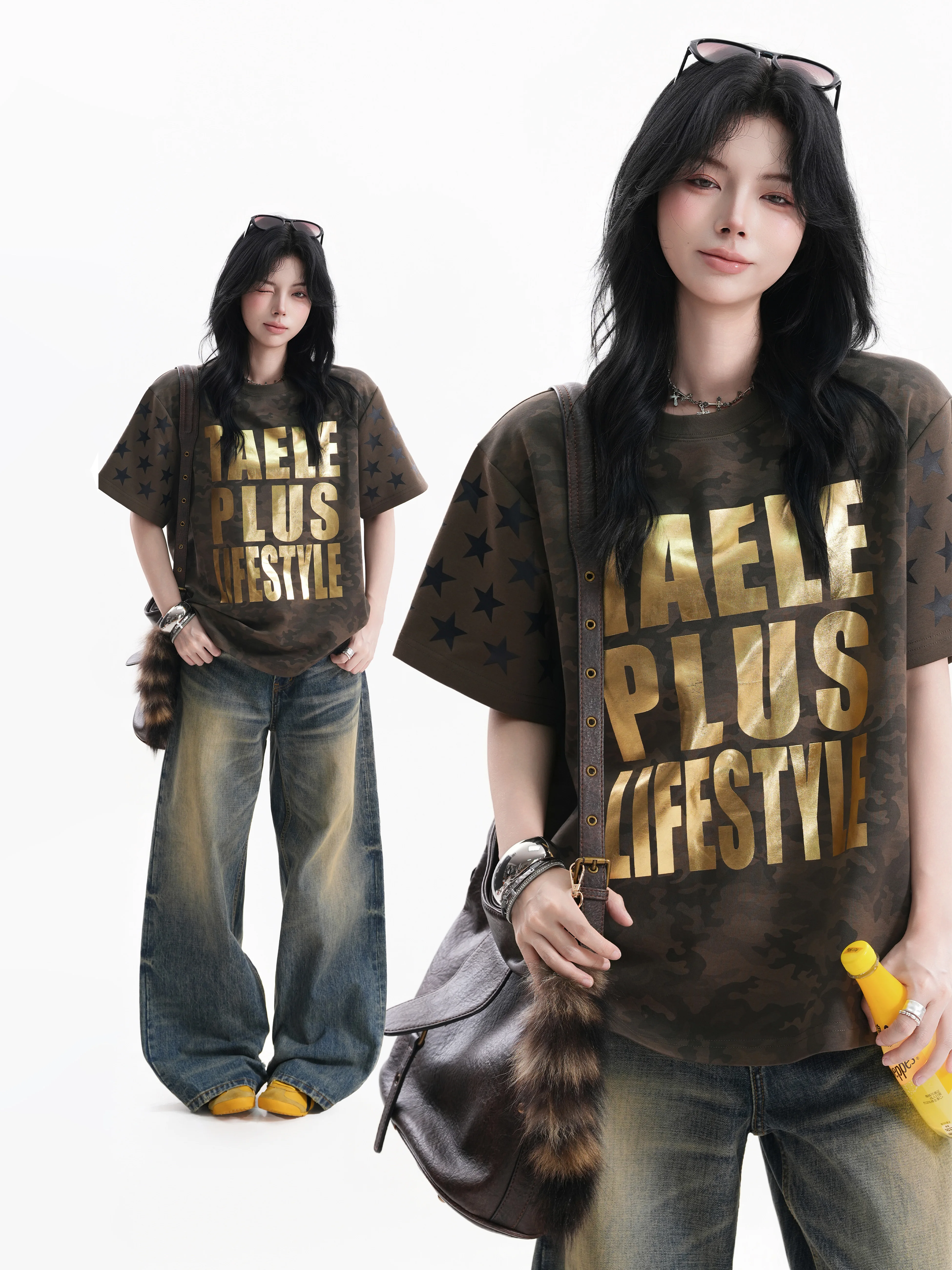 

Cleanfit Gold Stamp Print Camouflage Loose Short Sleeve T-Shirt Unisex Street Style Comfortable Breathable Cotton Blend Top