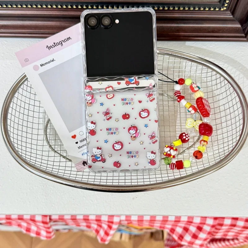 Cute Cartoon Red Apple Hello Kitty Phone Case for Samsung Galaxy Z Flip 7 6 5 Shockproof with Lanyard