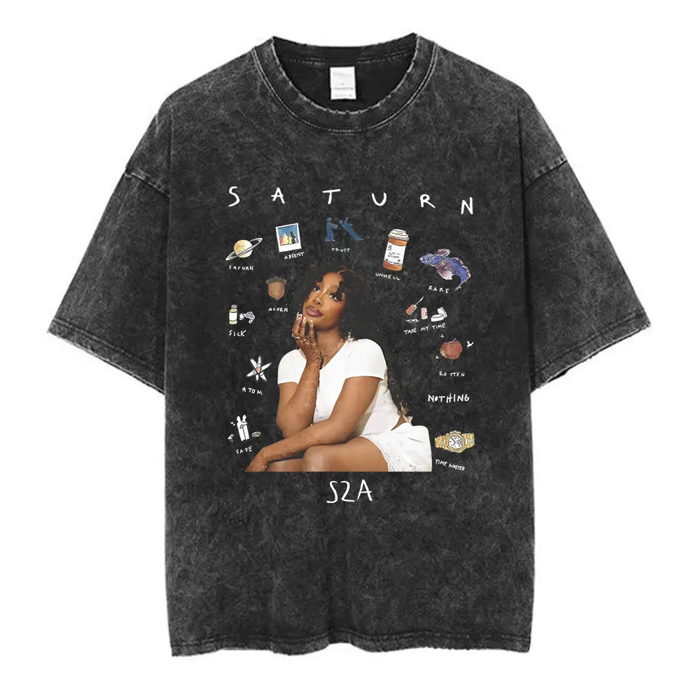 SZA 2024 Music Saturn Vintage Washed T Shirt Men Women Fashion Harajuku T-shirts Cotton Casual Oversized Short Sleeve T Shirts