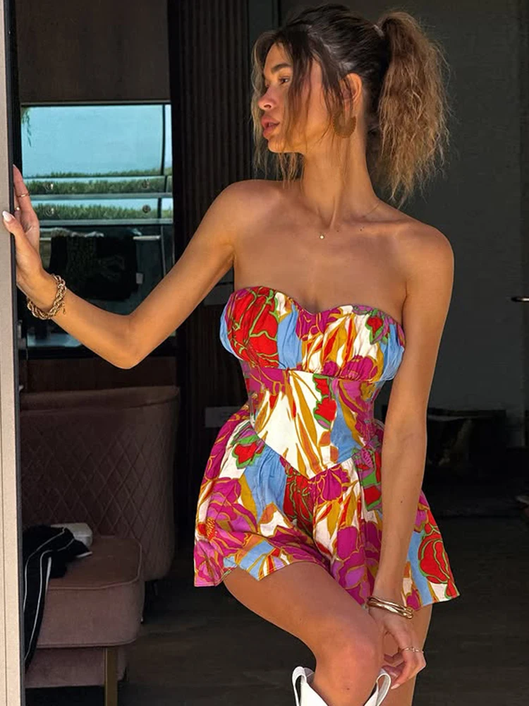 Insglas Sexy Doux Coloré Imprimer Bustier Robe Femmes Hors Épaule Dos Nu Ruché Volants Vacances Y2K Style Mini Moulante
