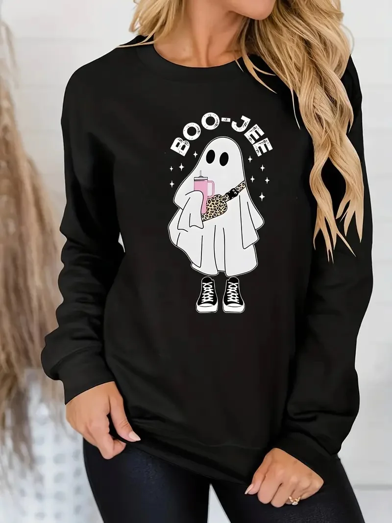 

Cartoon Ghost Print Pullover, Casual Long Sleeve Crew Neck Sweatshirt, Women's Clothing