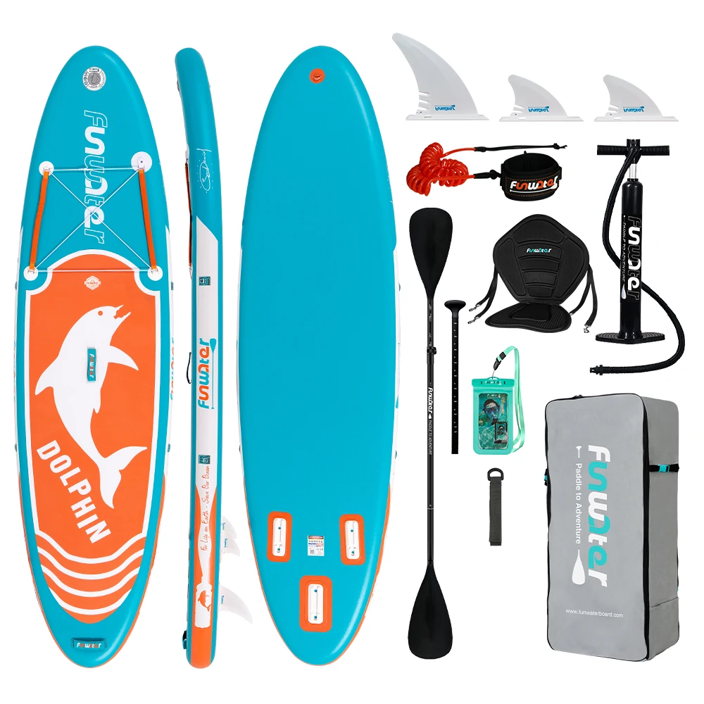 Funwater 320 cm opblaasbaar SUP-board, 10'6", met Tiki-ontwerp, inclusief camerahouder en schouderriem.