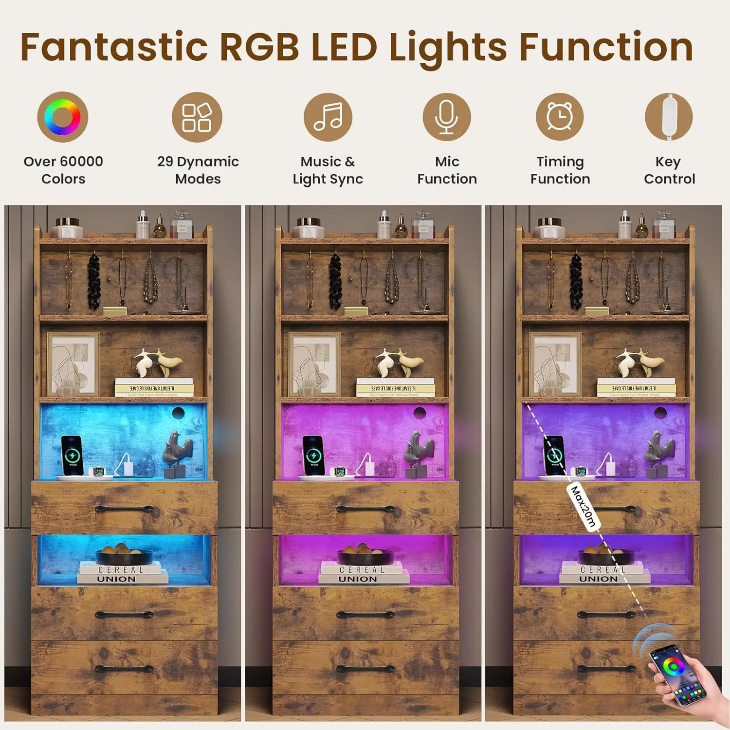 Tall Nightstand with Charging Station and LED Lights, Rustic Brown Night Stand with Bookshelf, Modern LED Bedside, Customized - view 5