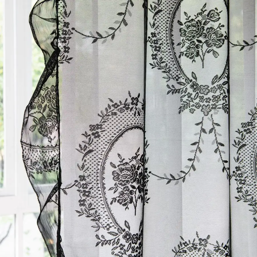 Zwarte kanten gordijnen, 96 inch lang, 2 panelen, doorschijnend roze bloemenborduurwerk, gerimpeld vintage raamdecoratiepaar voor slaapkamer en woonkamer