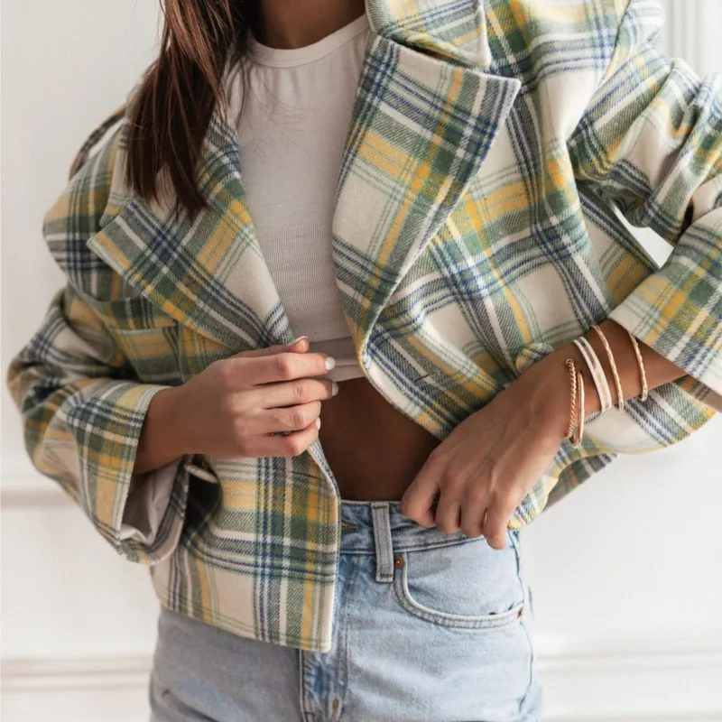 

Grid Printed Woolen Long Sleeved Short Coat Autumn Winter Women's Clothing Fashionable British Suit Collar Jacket Куртка Женская