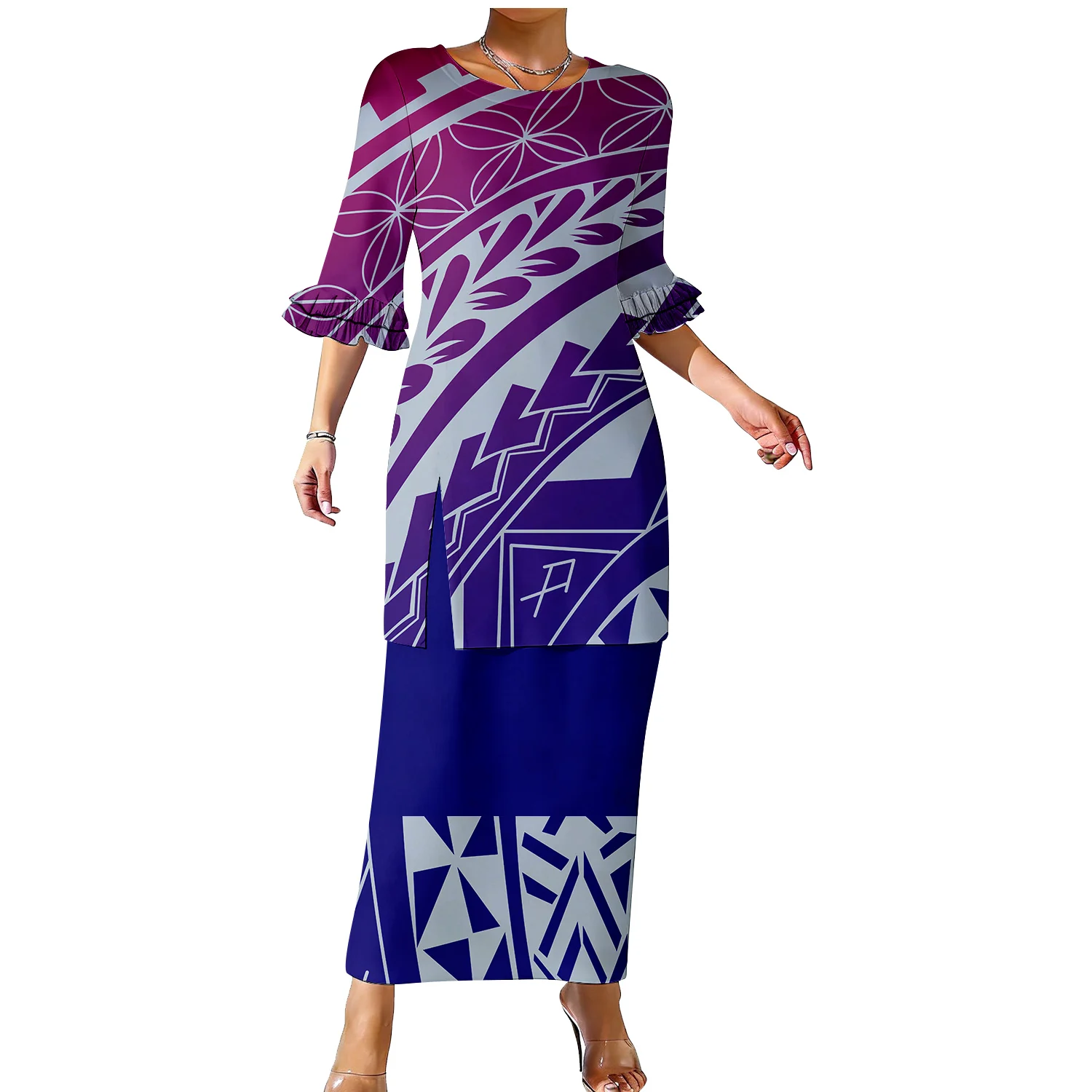 Hawaii Custom Pattern Printed Women'S Suit Skirt Polynesian Round-Neck Double-Layer Ruffled Sleeves Puletasi Style Slit Top