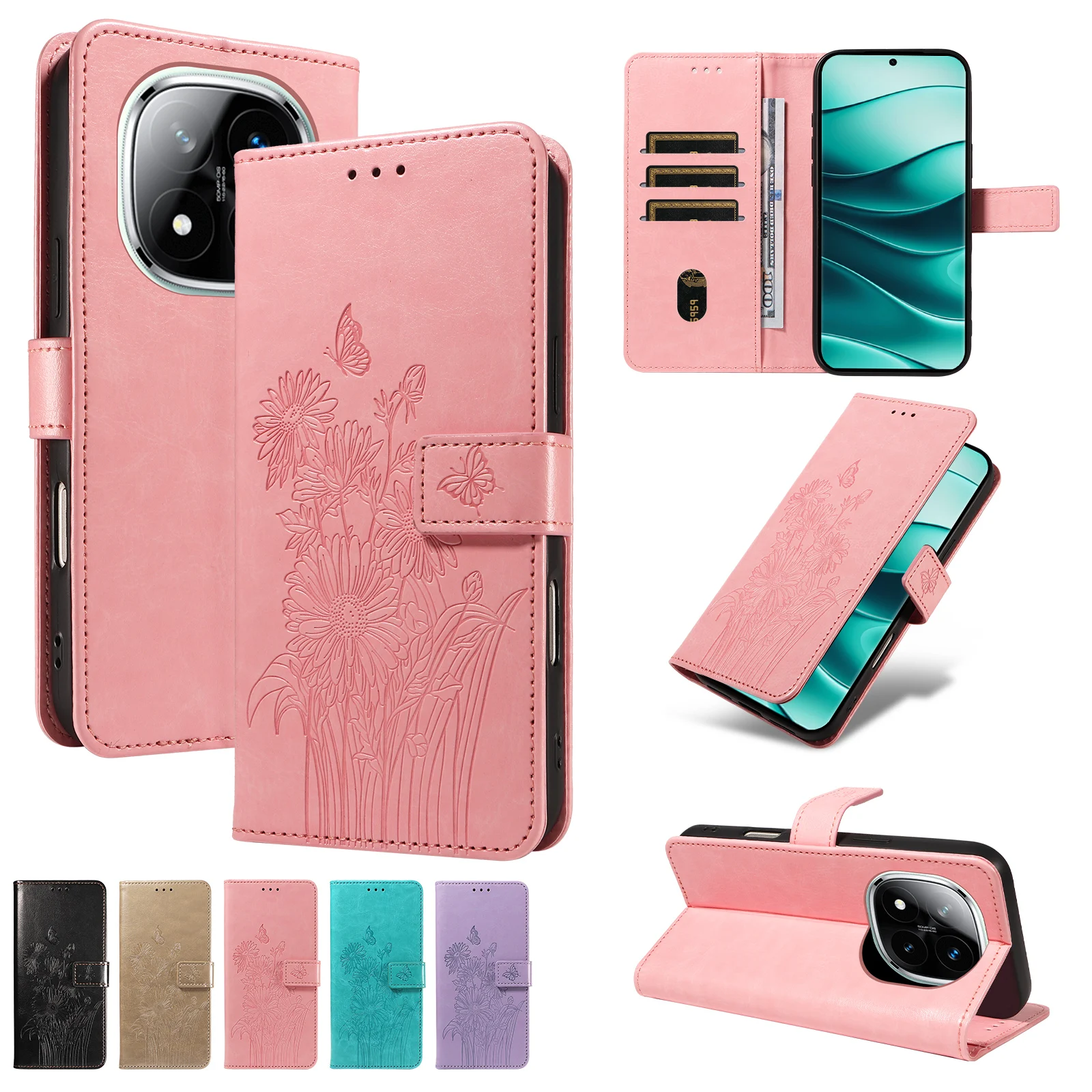 Für Redmi Note 8/9/10/11/12/13/14/15Pro Wallet-Handyhülle mit geprägtem Standfuß und Schutzhülle aus Kunstleder – Detail 5